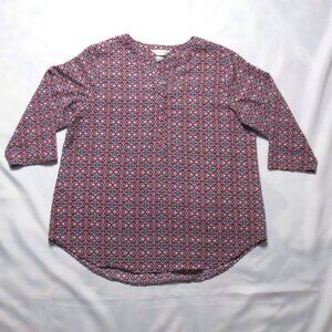 CHRISTOPHER & BANKS womens SHIRT top BLACK burgundy ¾ SLEEVE blouse AZTEK SIZE L